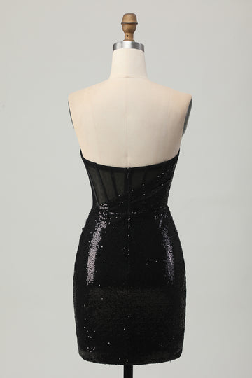 Black Bodycon Strapless Sequins Homecoming Dress with Slit